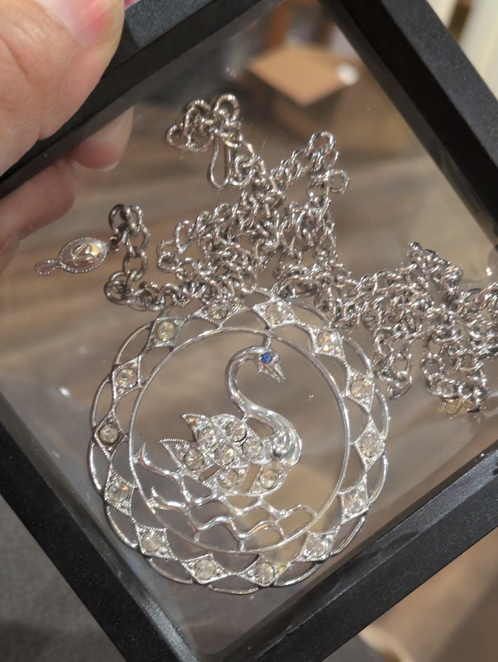 Sarah Coventry Silver Swan Pendant Necklace with Clear and Blue Accents